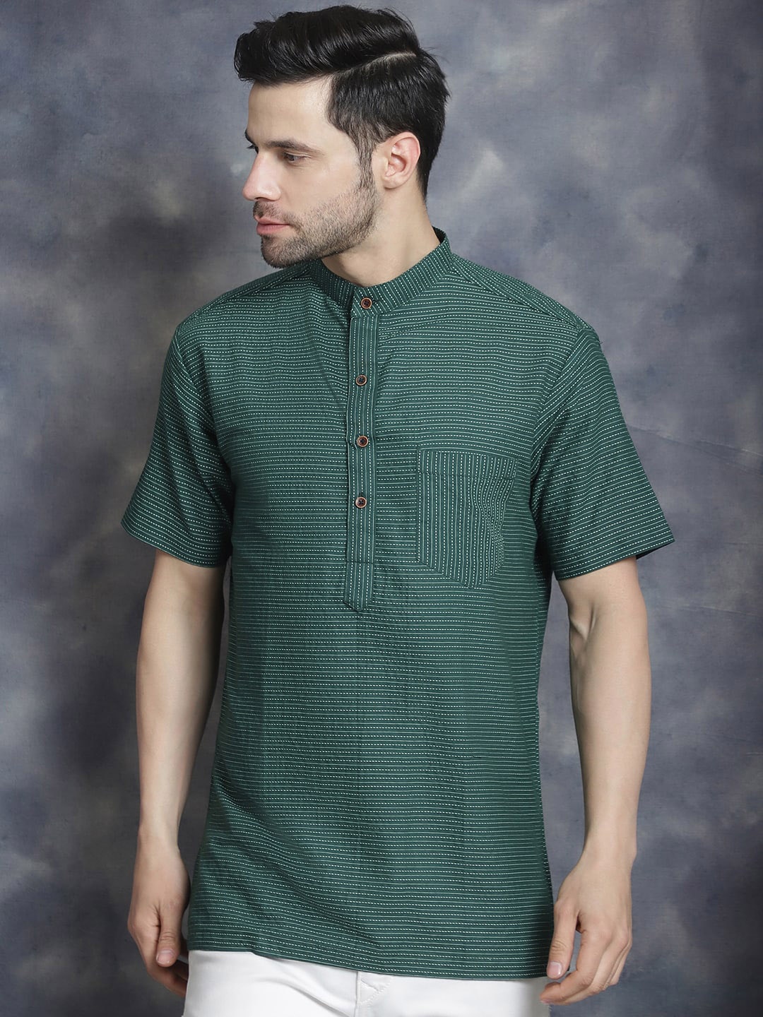 

Sayesha Striped Thread Work Band Collar Cotton Kurta, Green