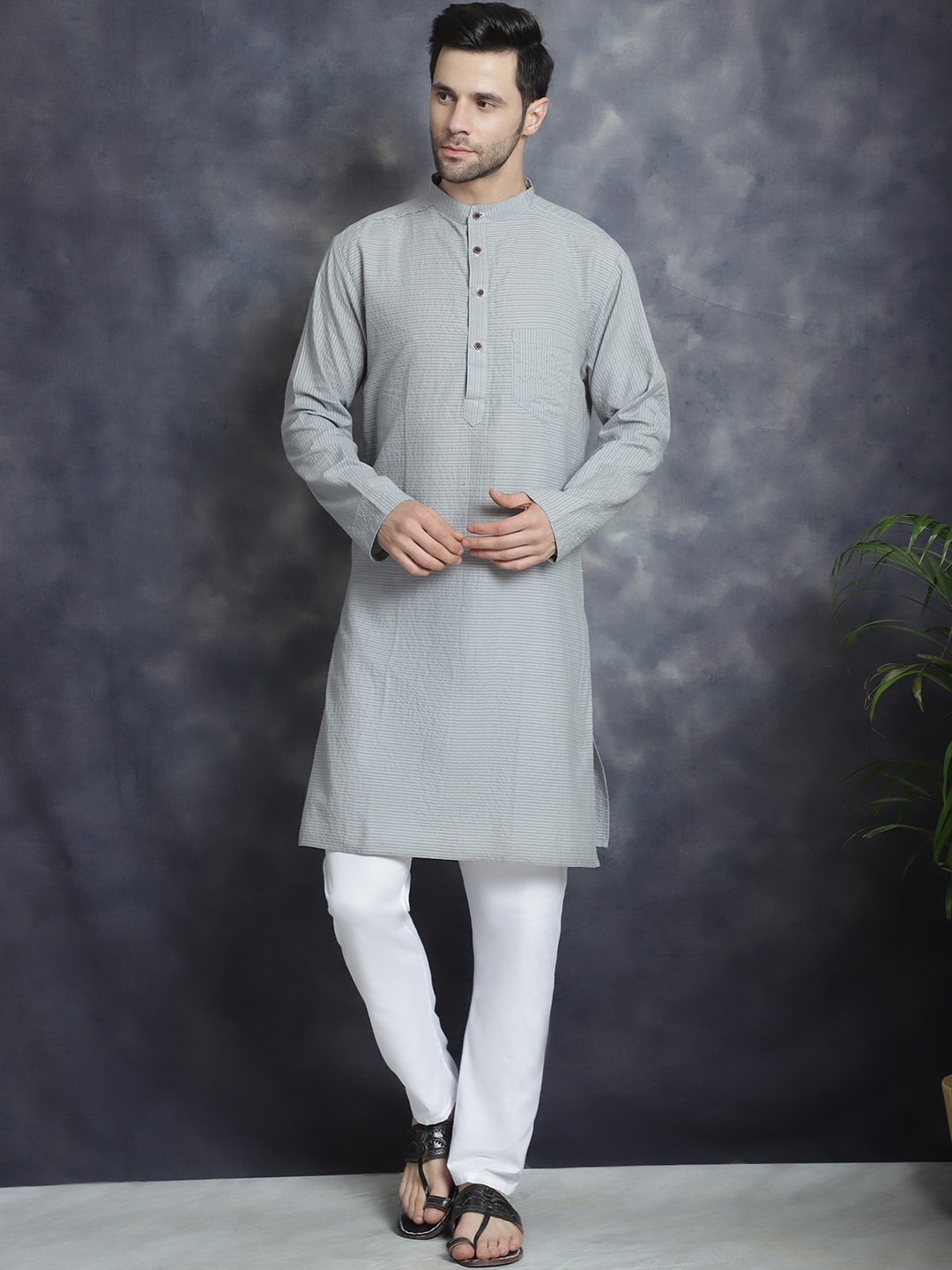 

Sayesha Striped Band Collar Long Sleeves Pure Cotton Straight Kurta, Grey
