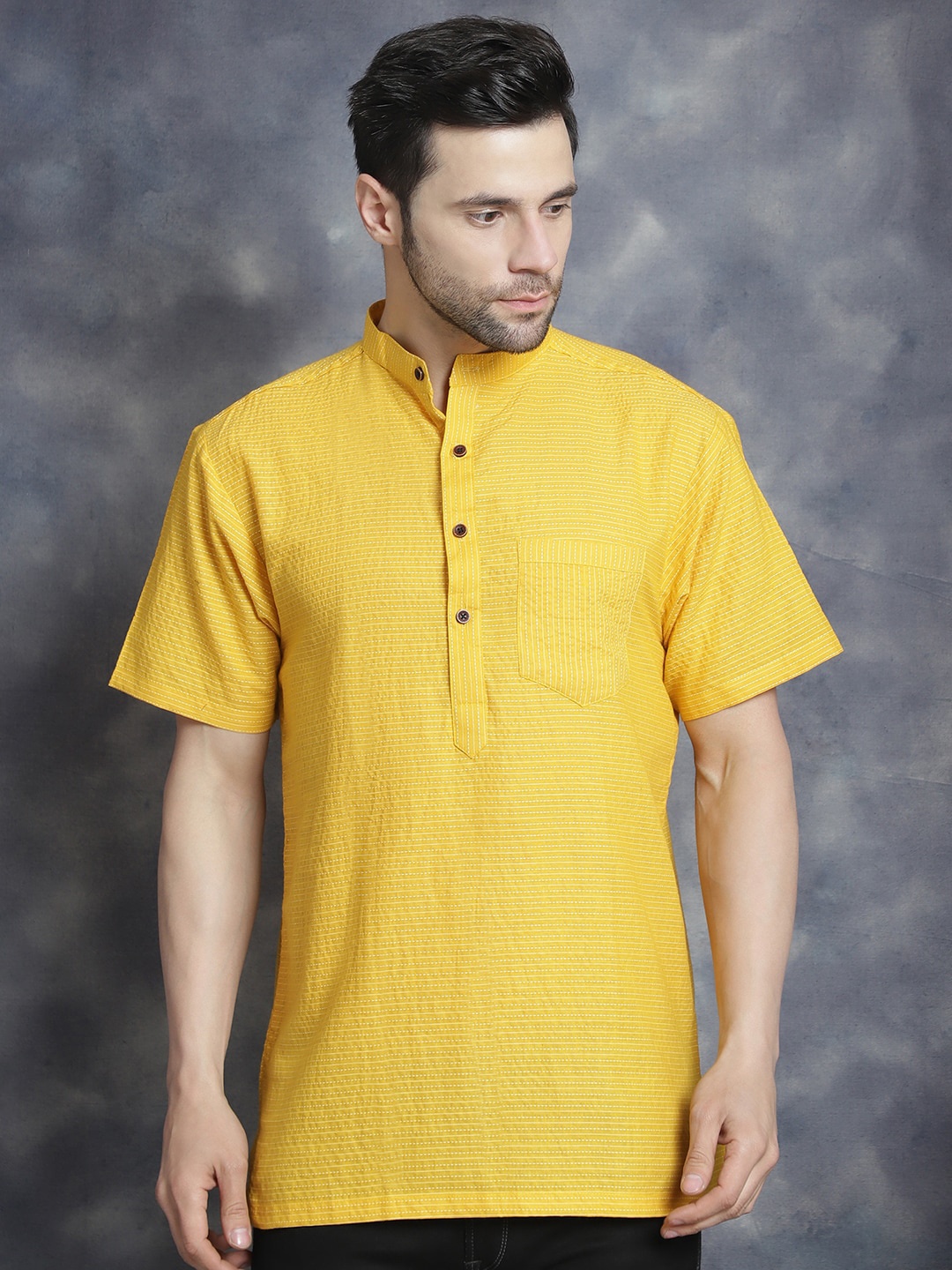 

Sayesha Striped Band Collar Long Sleeves Pure Cotton Straight Kurta, Yellow