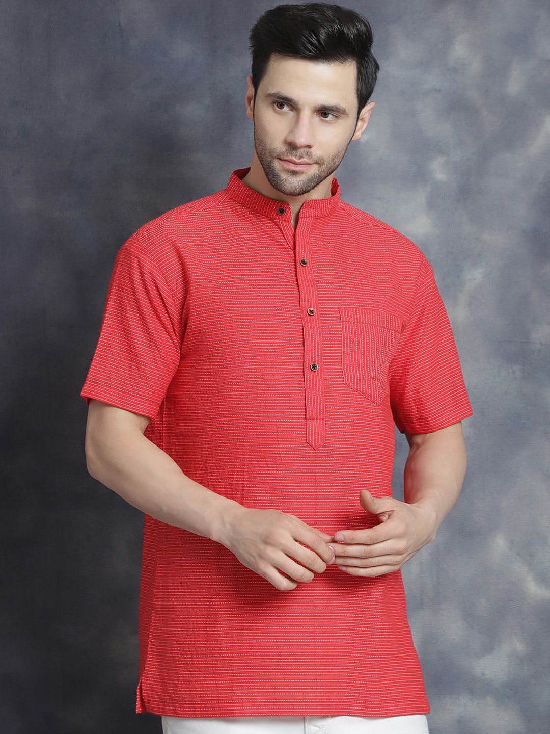 

Sayesha Striped Band Collar Long Sleeves Pure Cotton Straight Kurta, Red