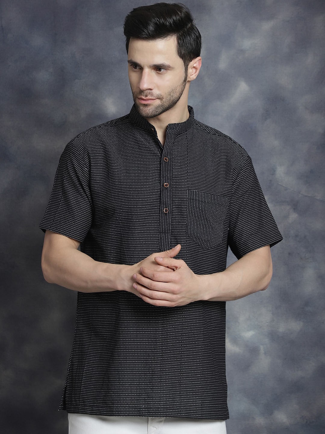 

Sayesha Striped Band Collar Long Sleeves Pure Cotton Straight Kurta, Black