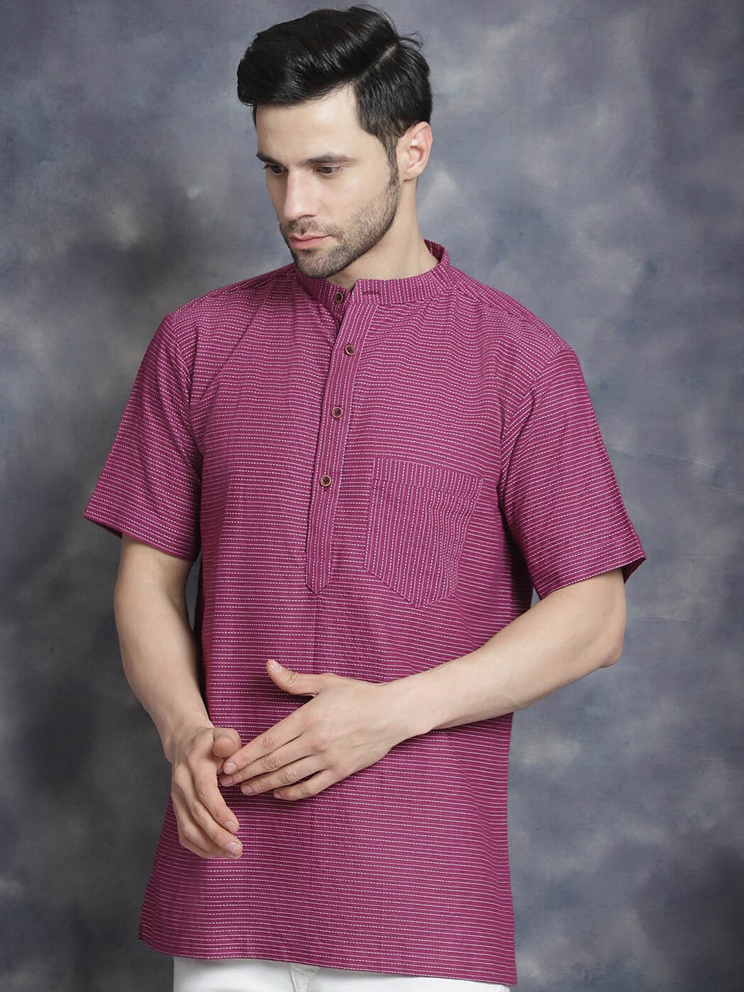 

Sayesha Striped Band Collar Long Sleeves Pure Cotton Straight Kurta, Magenta