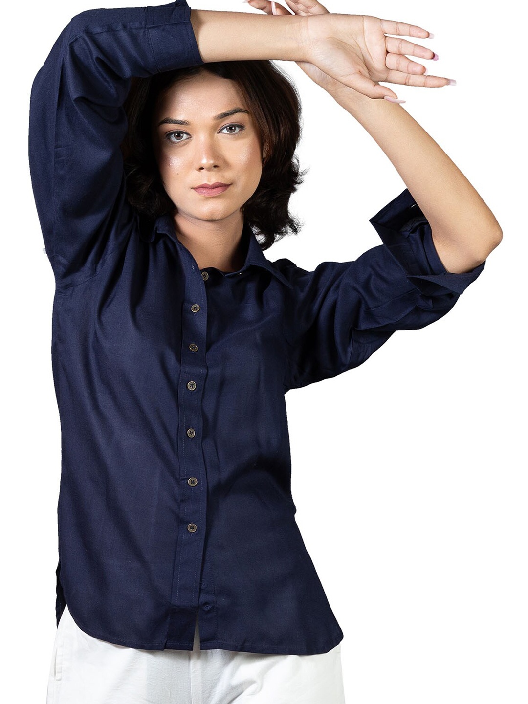 

SHOOLIN Comfort Spread Collar Long Sleeves Cotton Casual Shirt, Navy blue