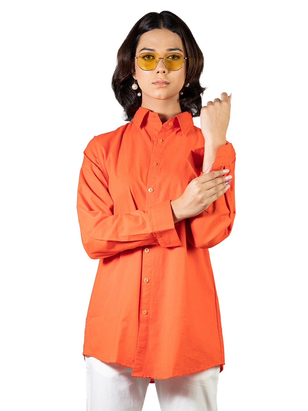 

SHOOLIN Comfort Opaque Oversized Cotton Casual Shirt, Orange