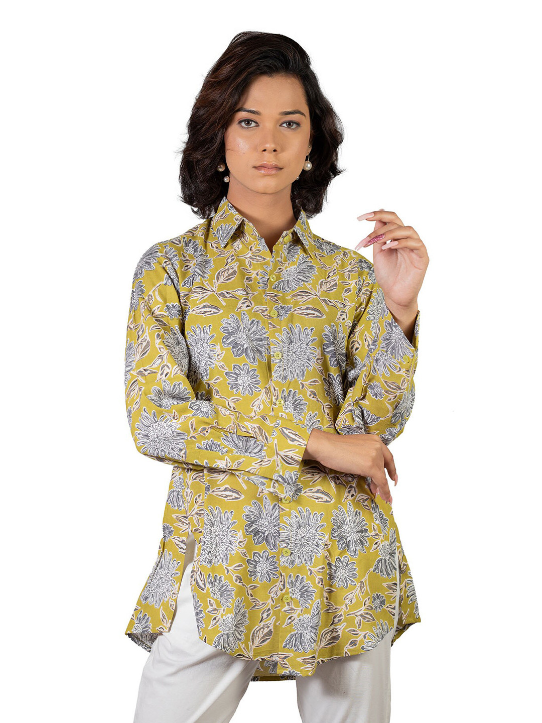 

SHOOLIN Comfort Floral Printed Spread Collar Long Sleeves Cotton Casual Shirt, Blue
