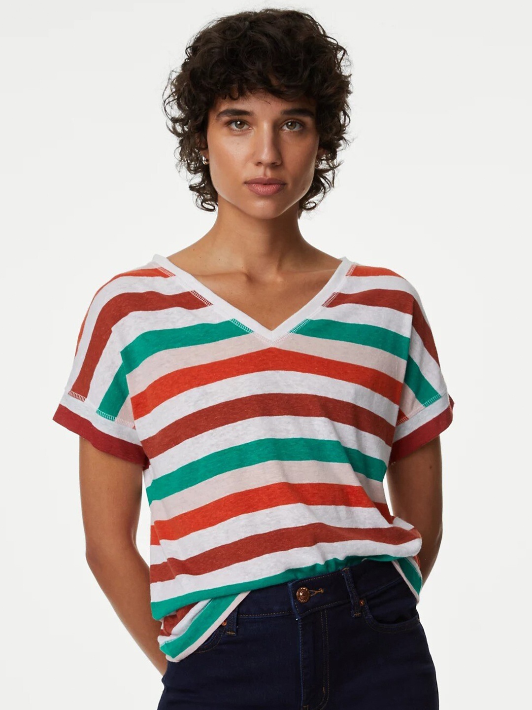 

Marks & Spencer Striped V-Neck Extended Sleeves T-shirt, White