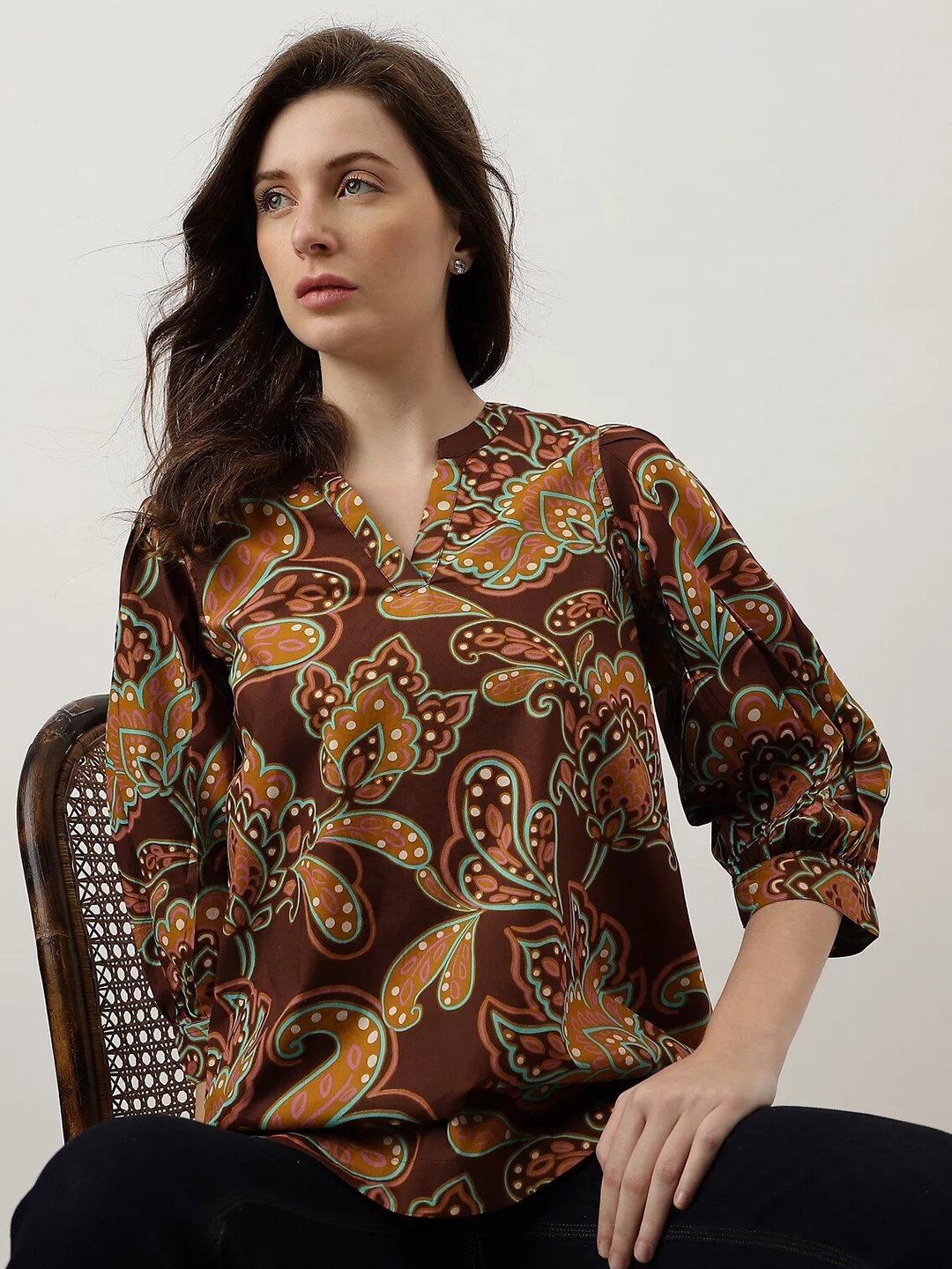 

Marks & Spencer Printed Mandarin Collar Cuffed Sleeves Cotton Regular Top, Brown