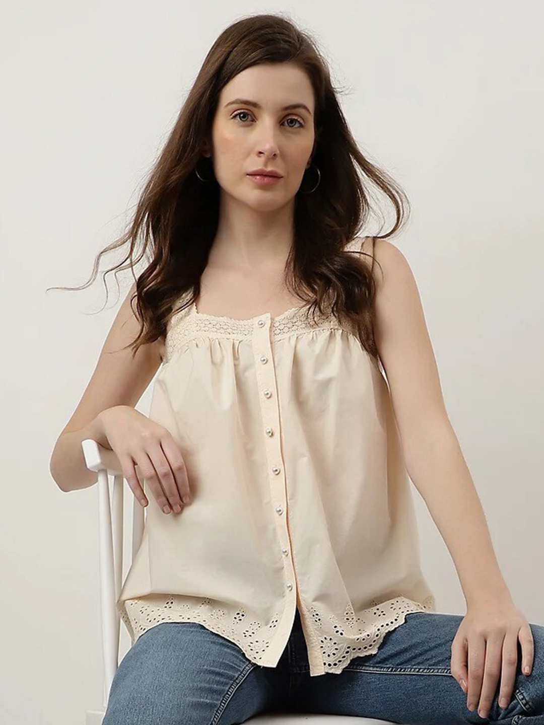 

Marks & Spencer Self Design Sleeveless Cotton Regular Top, Beige