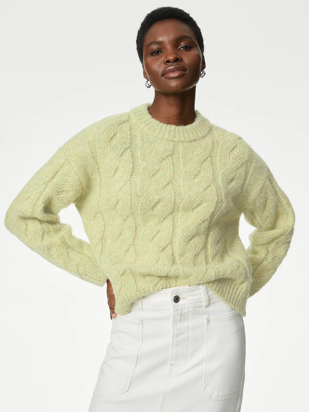 

Marks & Spencer Round Neck Cable Knit Pullover Sweater, Lime green