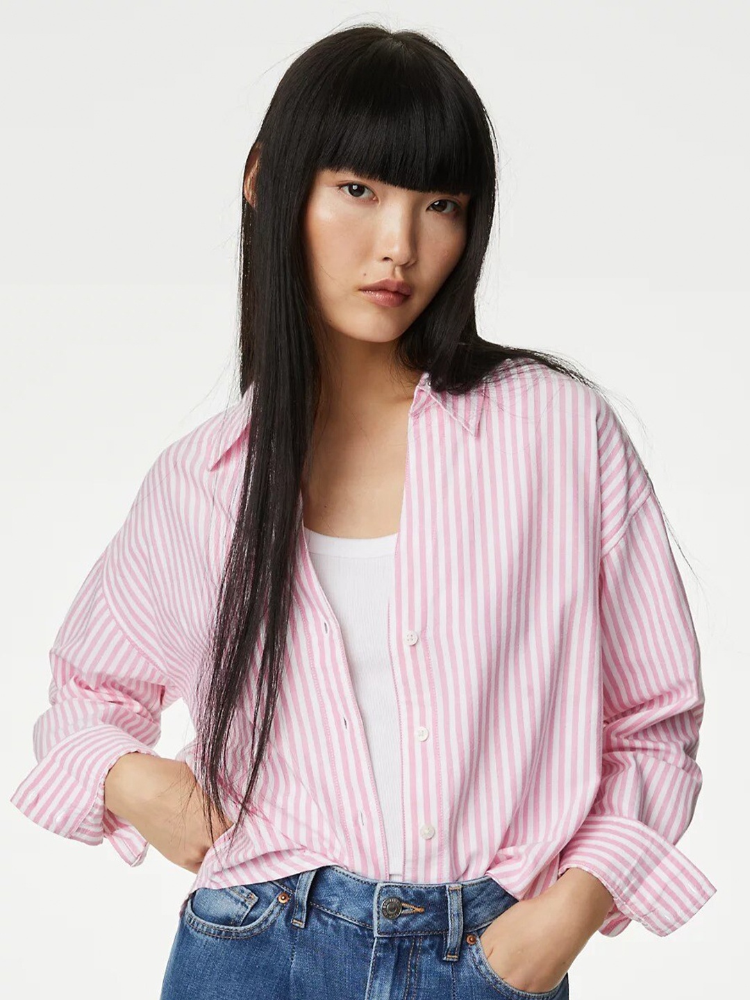 

Marks & Spencer Striped Spread Collar Long sleeves Cotton Casual Shirt, Pink