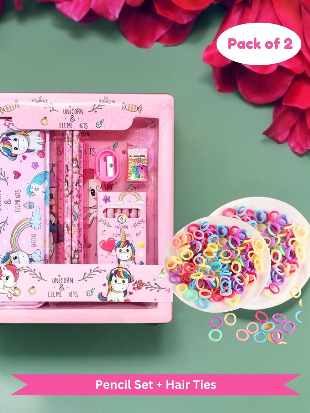 

BAESD Girls 100 Pcs Printed Pencil Gift Set & Hair Ties, Pink