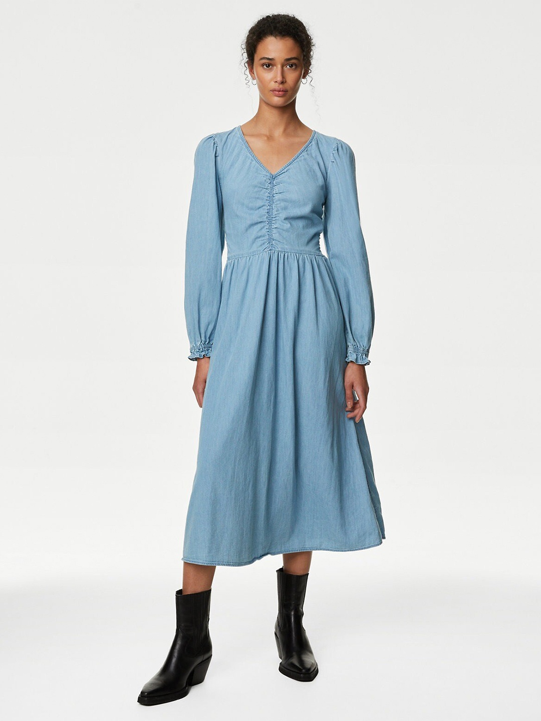 

Marks & Spencer V Neck Puff Sleeve Fit & Flare Midi Dress, Blue