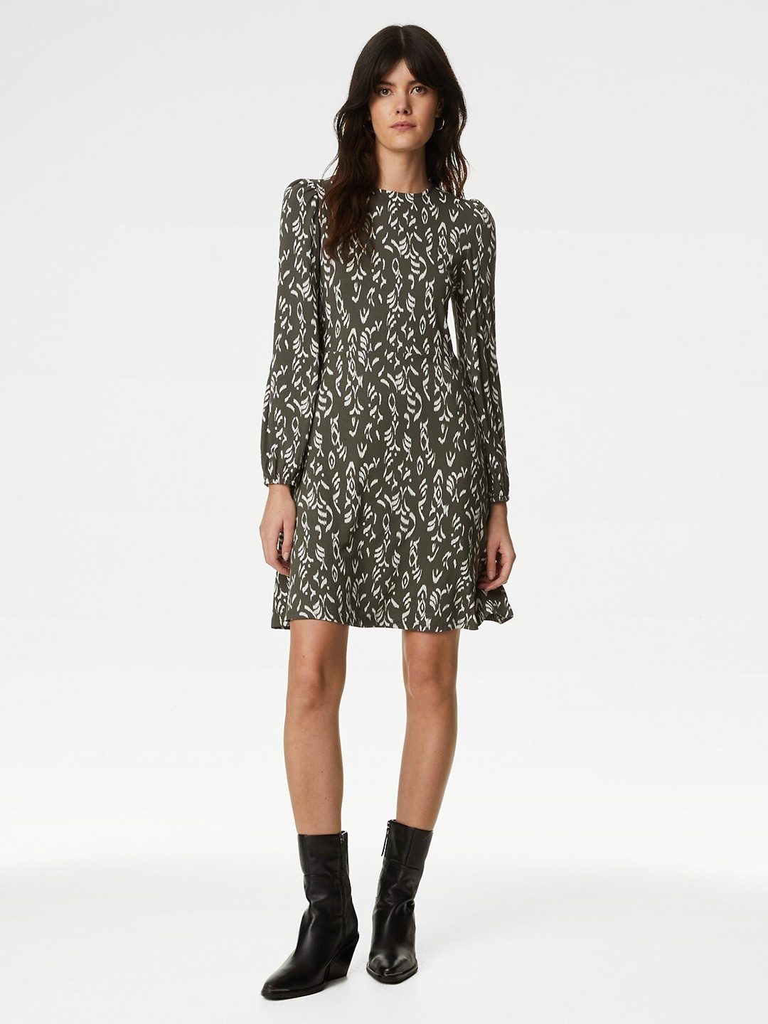 

Marks & Spencer Abstract Printed Cuffed Sleeves A-Line Dress, Black