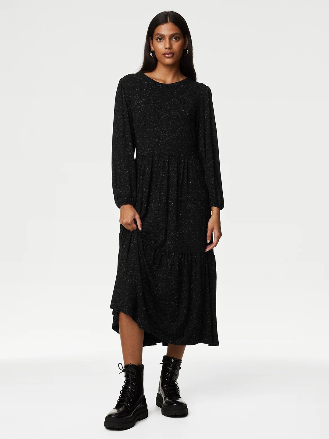 

Marks & Spencer Self Design Puff Sleeves A-Line Midi Tiered Dress, Black