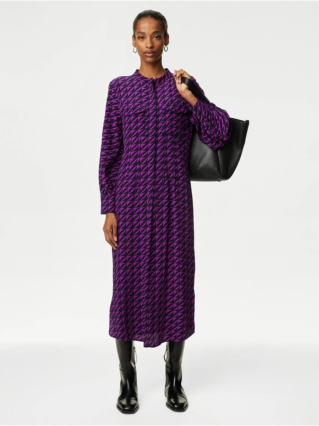

Marks & Spencer Printed Mandarin Collar A-Line Midi Dress, Magenta