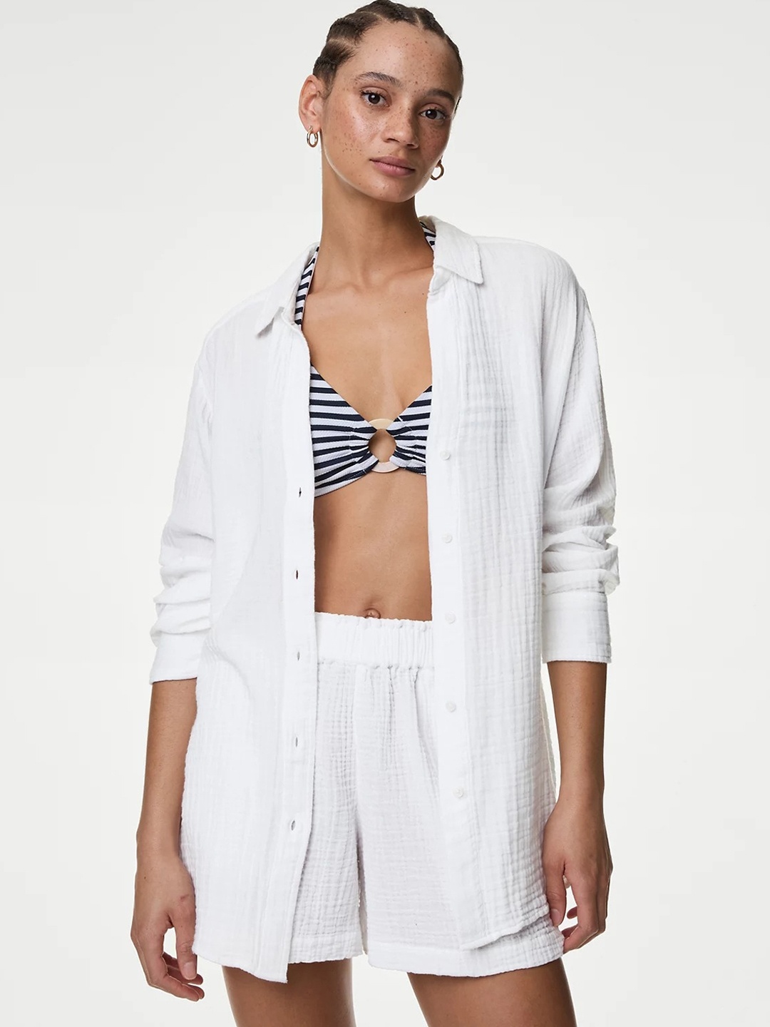 

Marks & Spencer Pure Cotton Relaxed Beach Shirt Swimwear Cover up Top, White