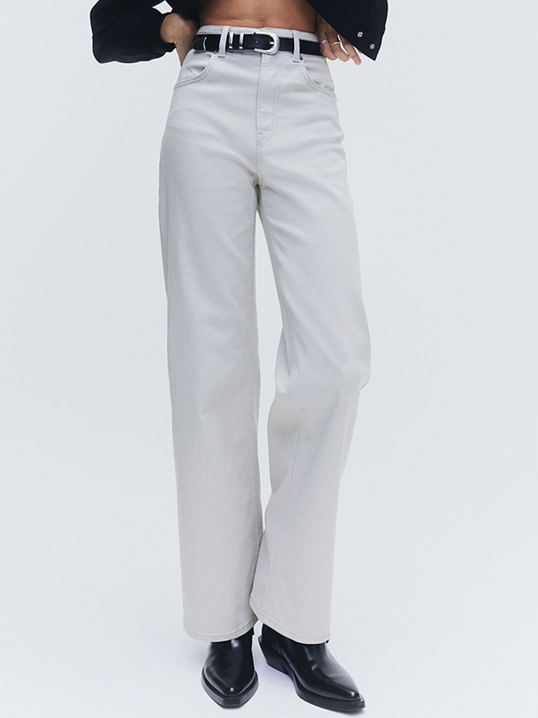 

H&M Women Wide Twill Trousers, Grey
