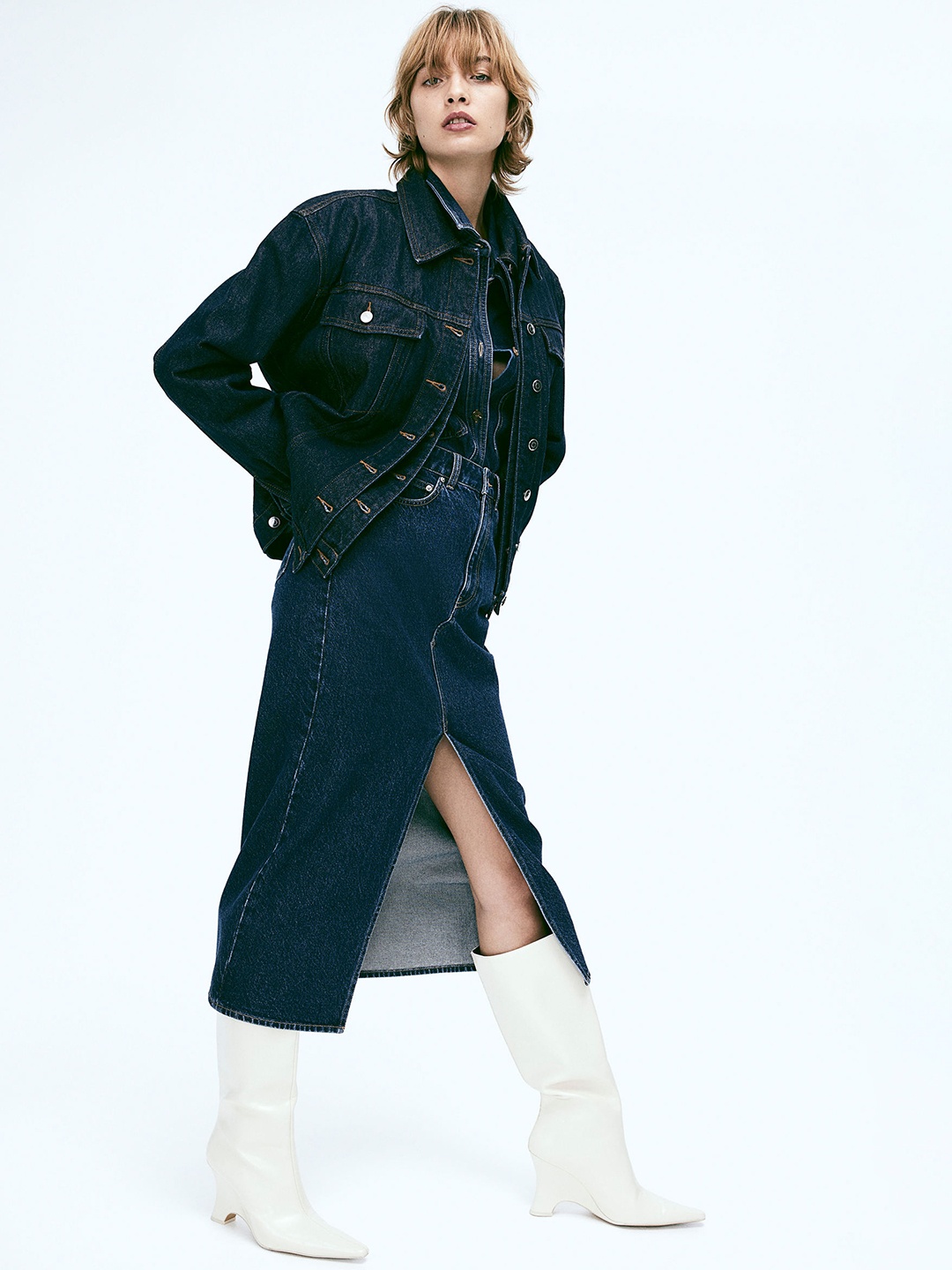 

H&M Pure Cotton Midi Denim Skirt, Blue