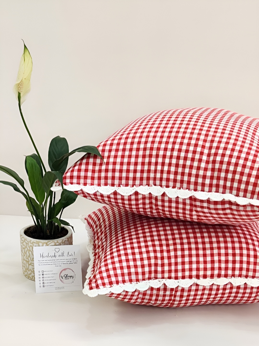 

SLEEPY THREADS Red & White 2 Pieces Checked Printed Cotton Square Cushion Covers