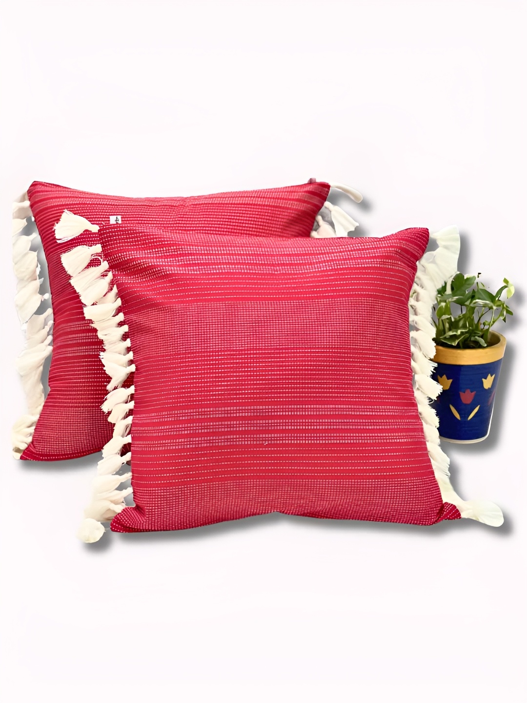 

SLEEPY THREADS Red & White 2 Pieces Self Design Cotton Square Cushion Covers