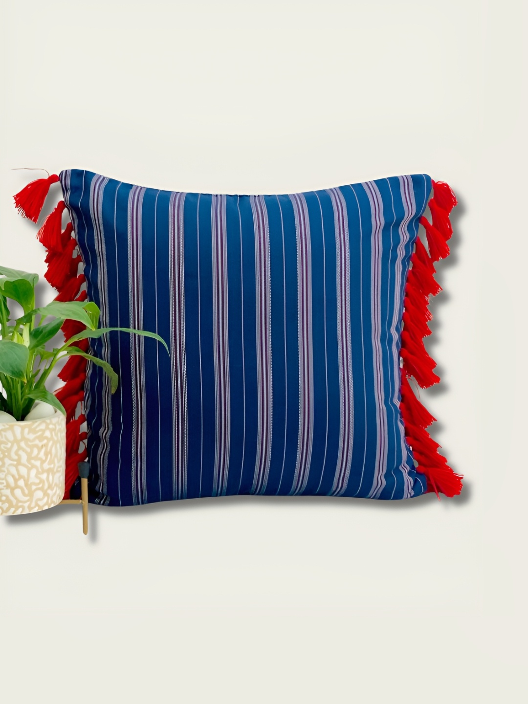 

SLEEPY THREADS Navy Blue Striped Printed Cotton Square Cushion Covers With Tassled Border