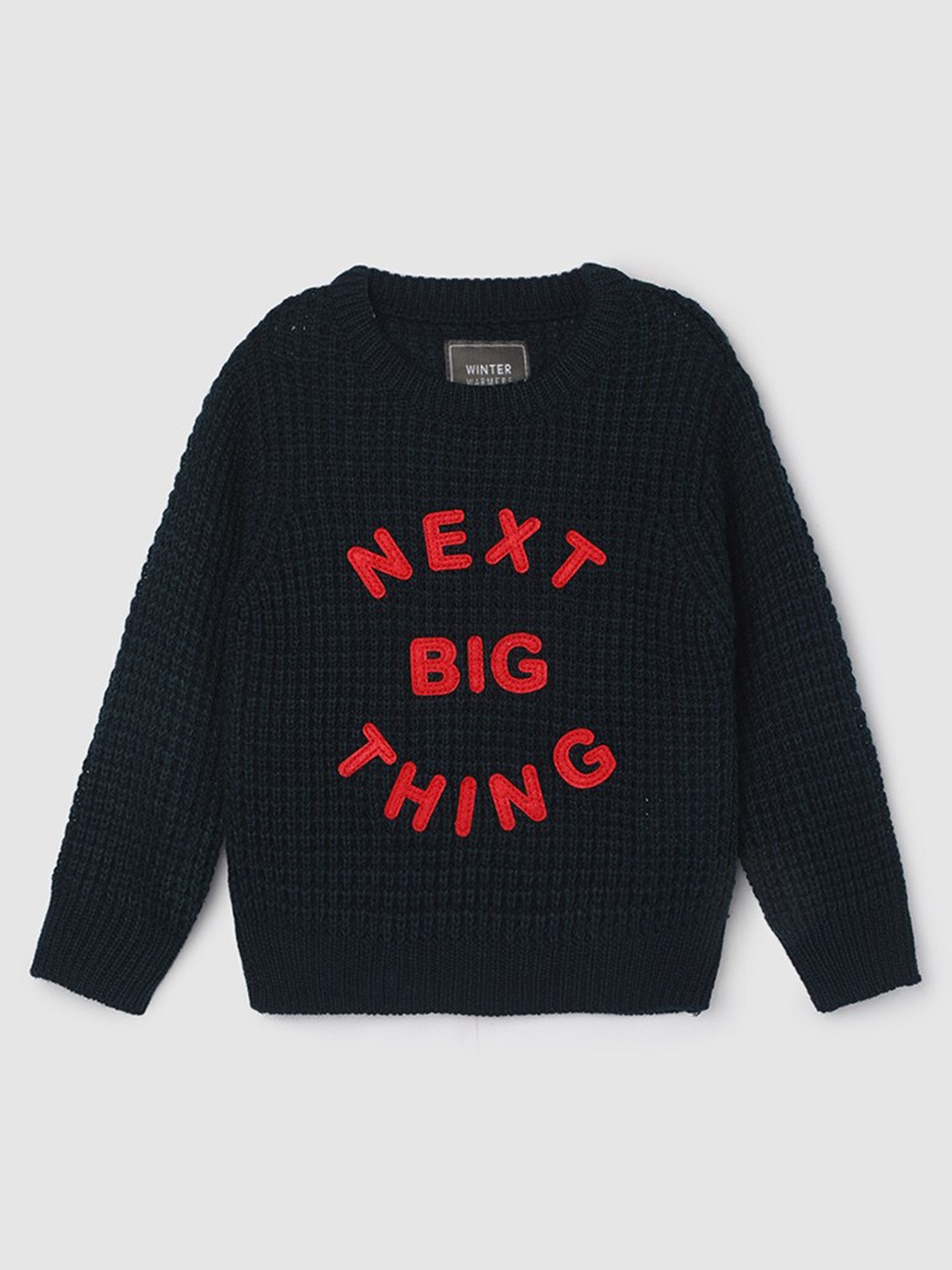 

max Boys Typography Printed Acrylic Ribbed Pullover, Navy blue