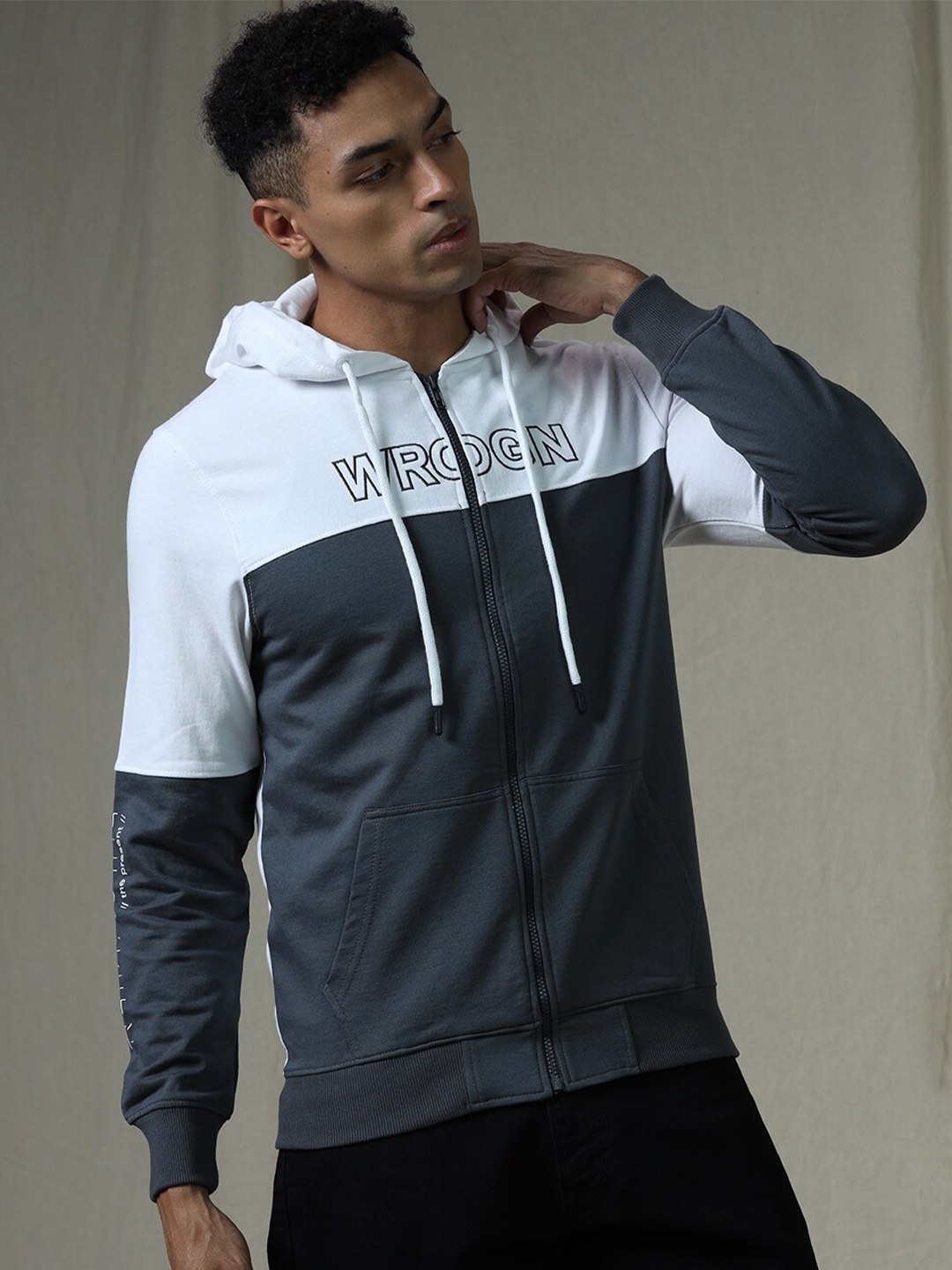 

WROGN Colourblocked Hooded Long Sleeves Regular Front-Open Sweatshirt, Blue