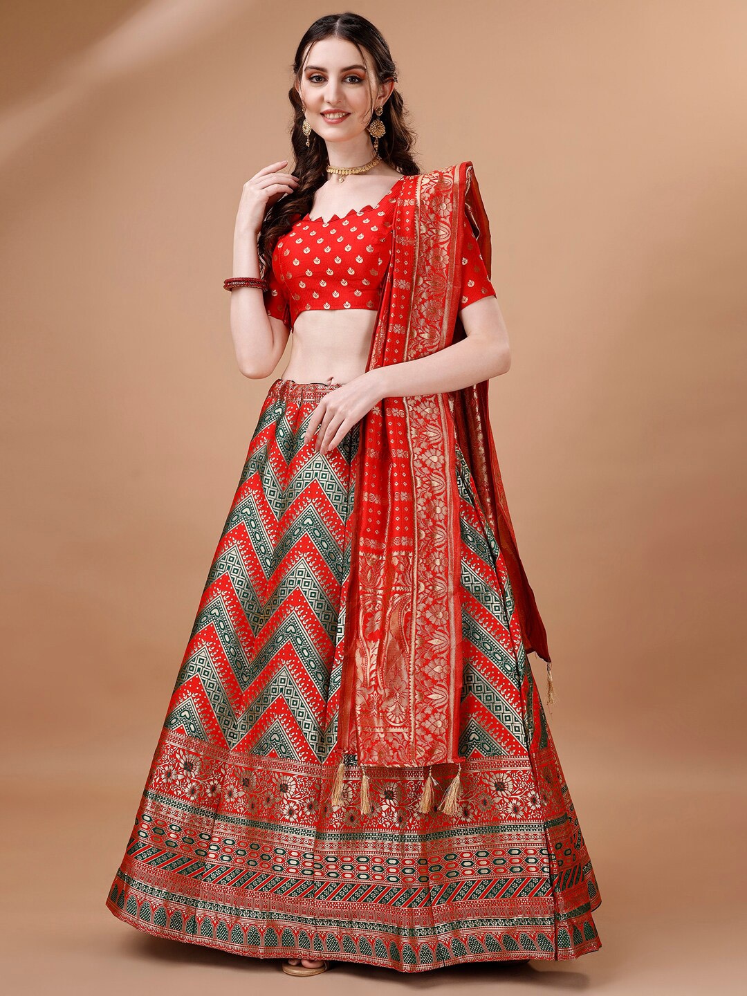 

KALINI Woven Design Ready to Wear Lehenga & Unstitched Blouse With Dupatta, Red