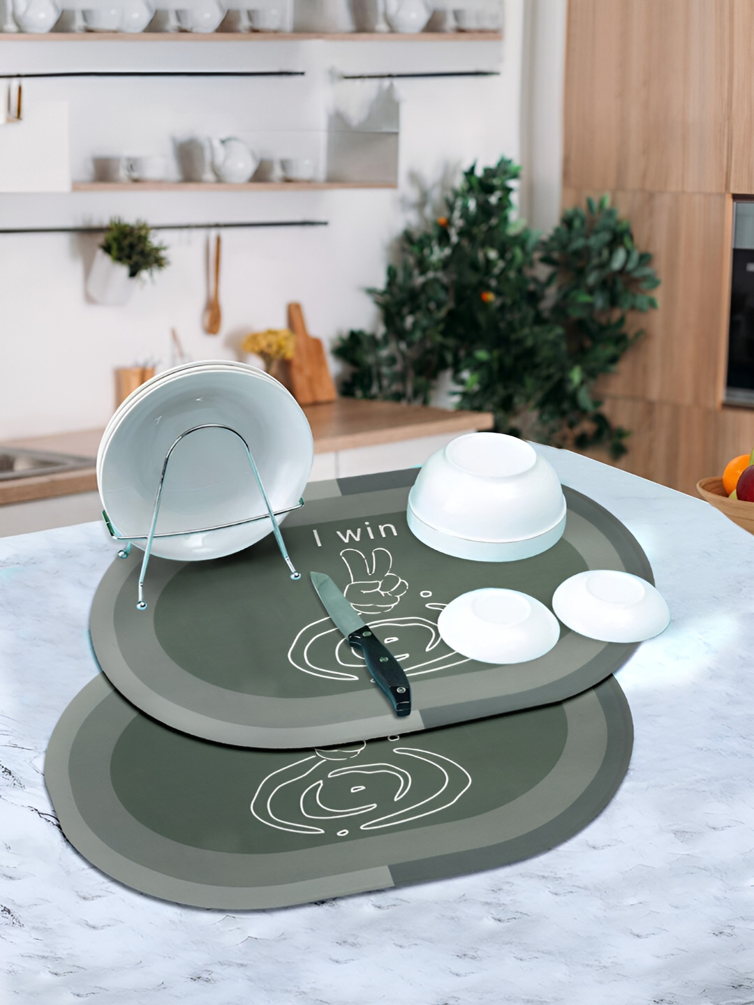 

DREAM WEAVERZ Green & White Set of 2 Highly Water Absorbent Dish Drying Mat