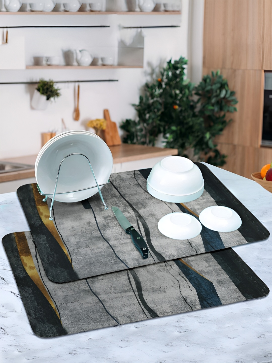 

DREAM WEAVERZ Set of 2 Grey & Blue 2 Pieces Highly Water Absorbent Dish Dry Mat