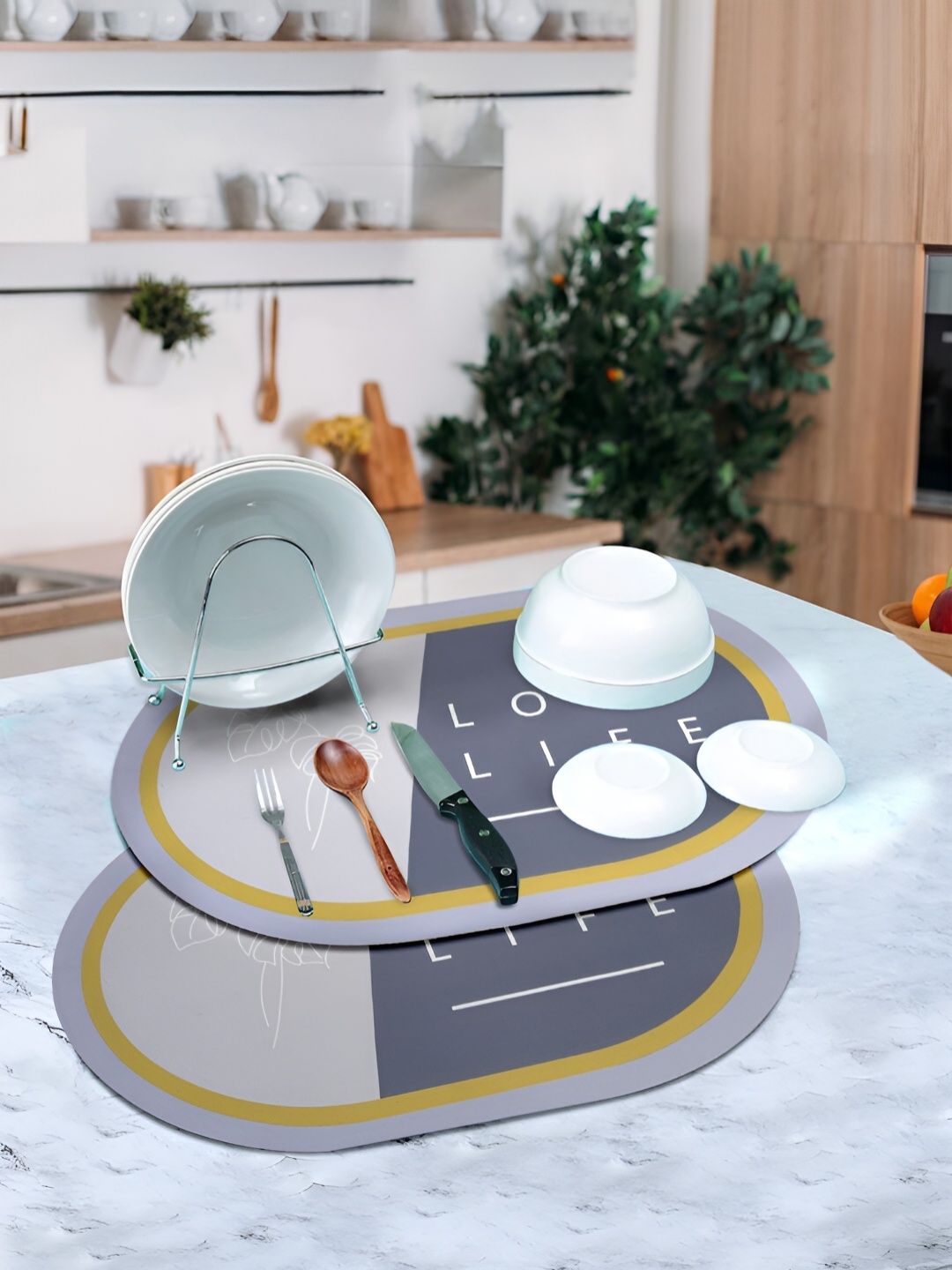 

DREAM WEAVERZ Set of 2 Grey & White 2 Pieces Highly Water Absorbent Dish Dry Mat
