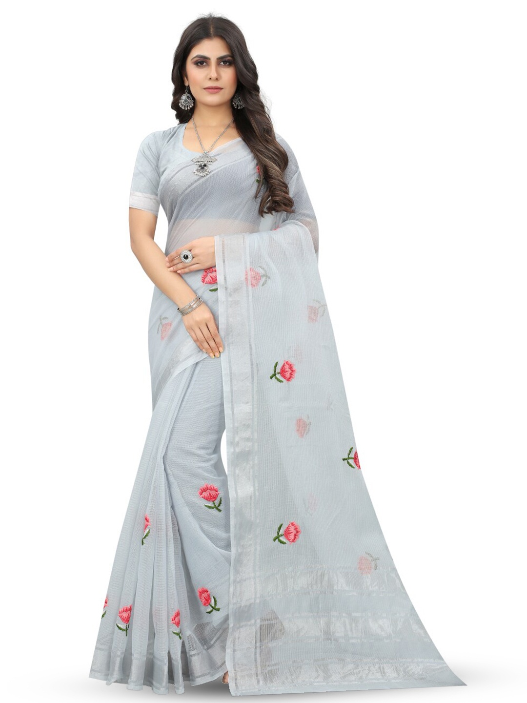 

suyukti creation Floral Zari Kota Saree, Grey