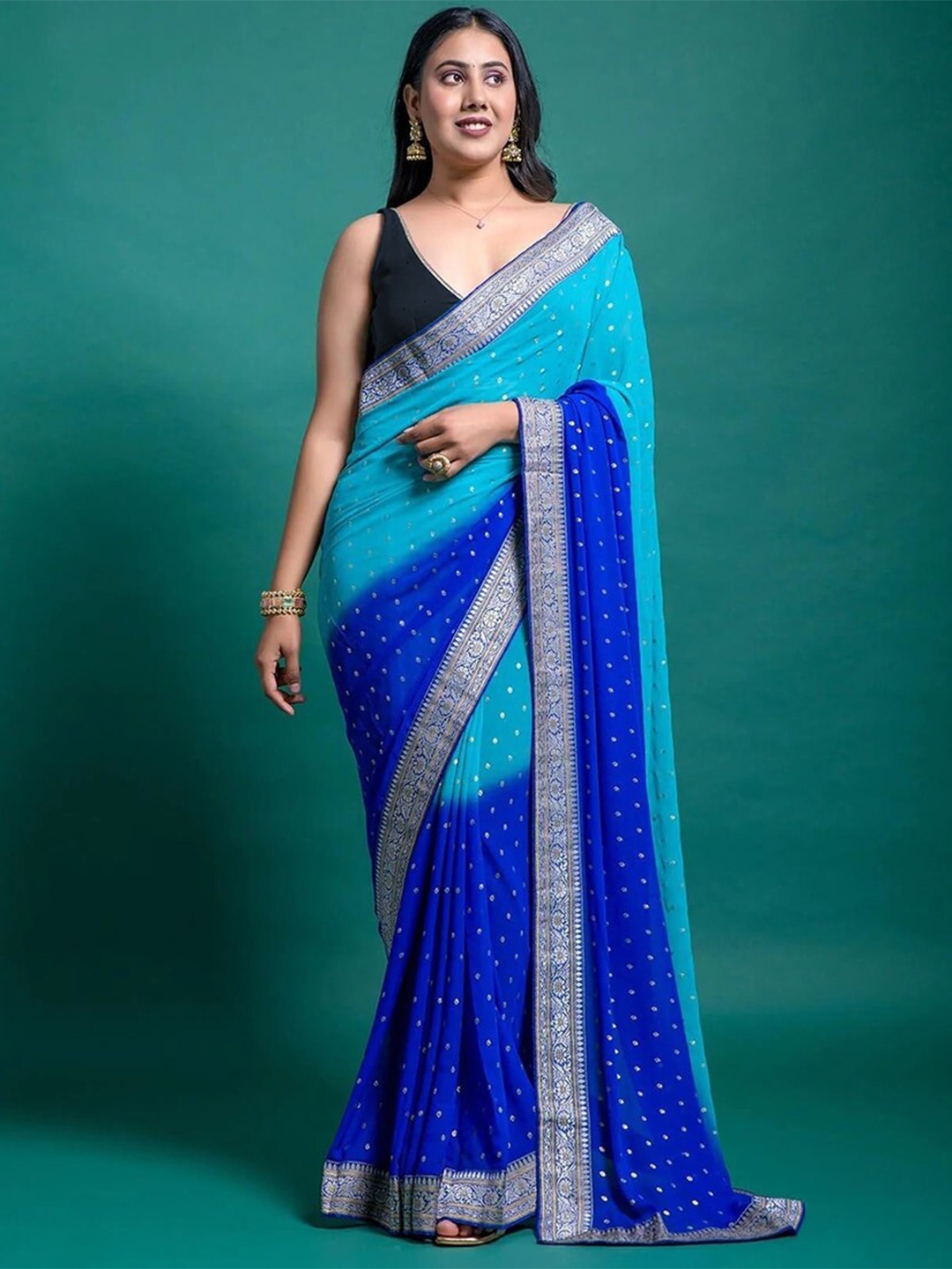 

Jinal & Jinal Ombre Printed Zari Saree, Turquoise blue