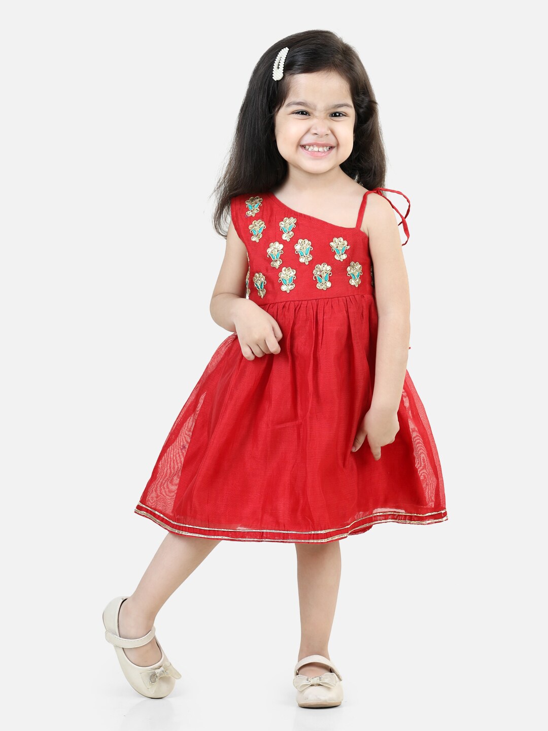 

BownBee Girls Floral Print Chanderi Silk One Shoulder Fit & Flare Ethnic Dress, Red