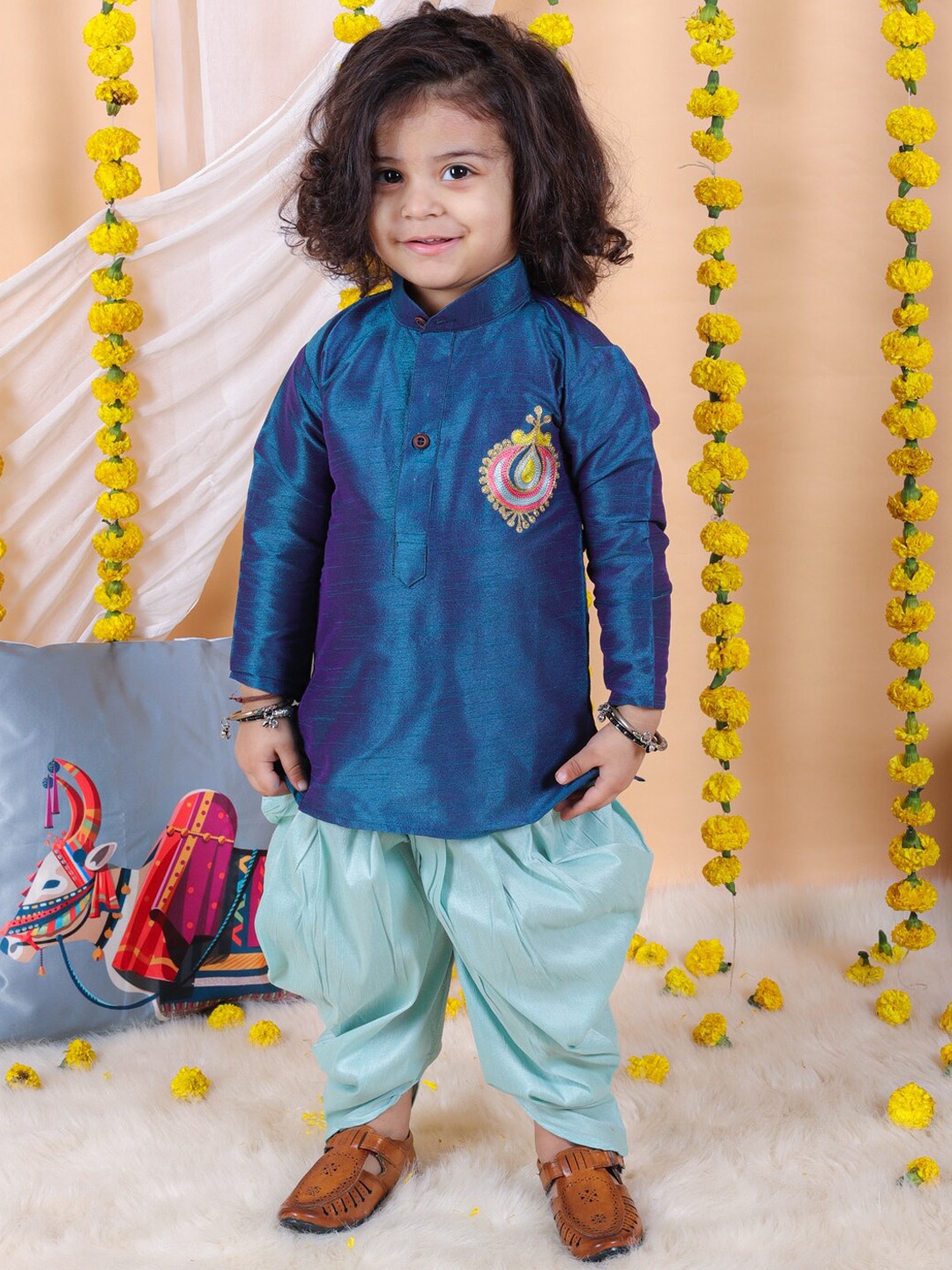 

BownBee Boys Band Collar Ethnic Motifs Embroidered Thread Work Kurta with Dhoti Pant, Blue