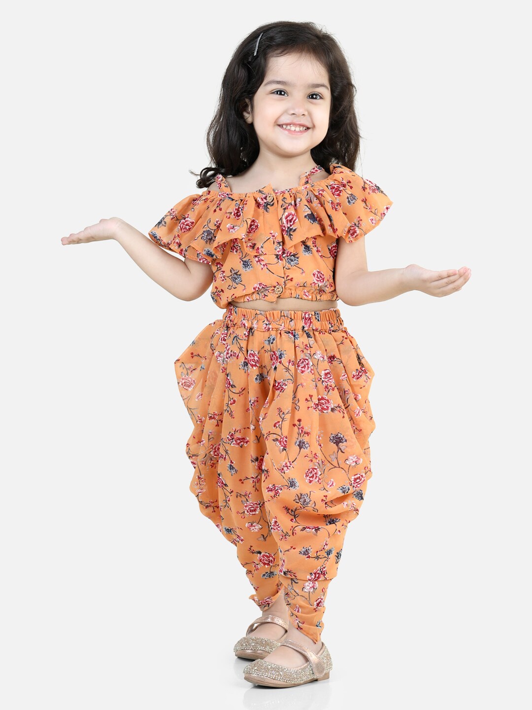 

BownBee Girls Floral Printed Top with Dhoti Pant, Orange