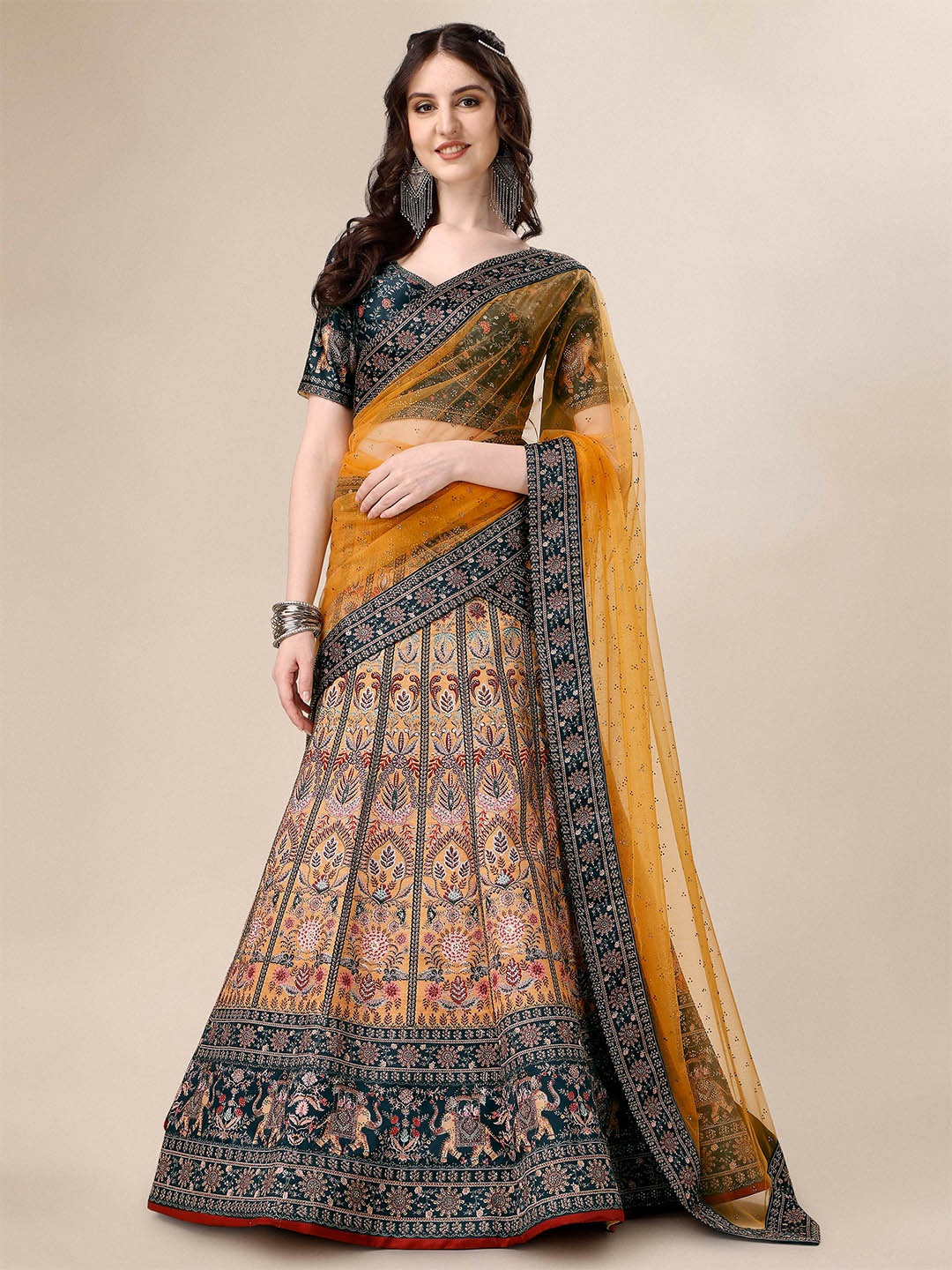 

SAPTRANGI Printed Ready to Wear Lehenga & Blouse With Dupatta, Yellow