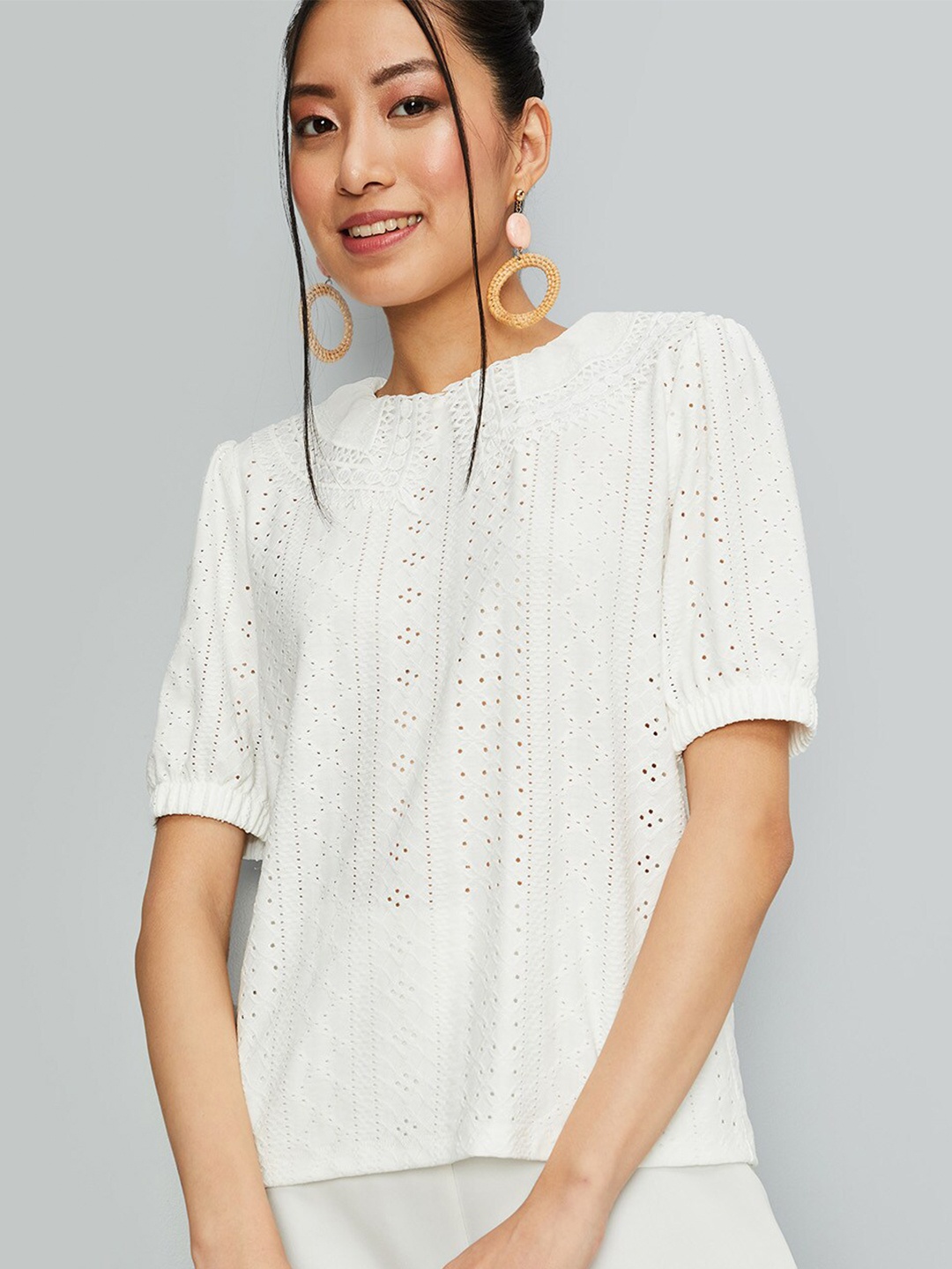 

max Self Designed Puff Sleeves Top, White