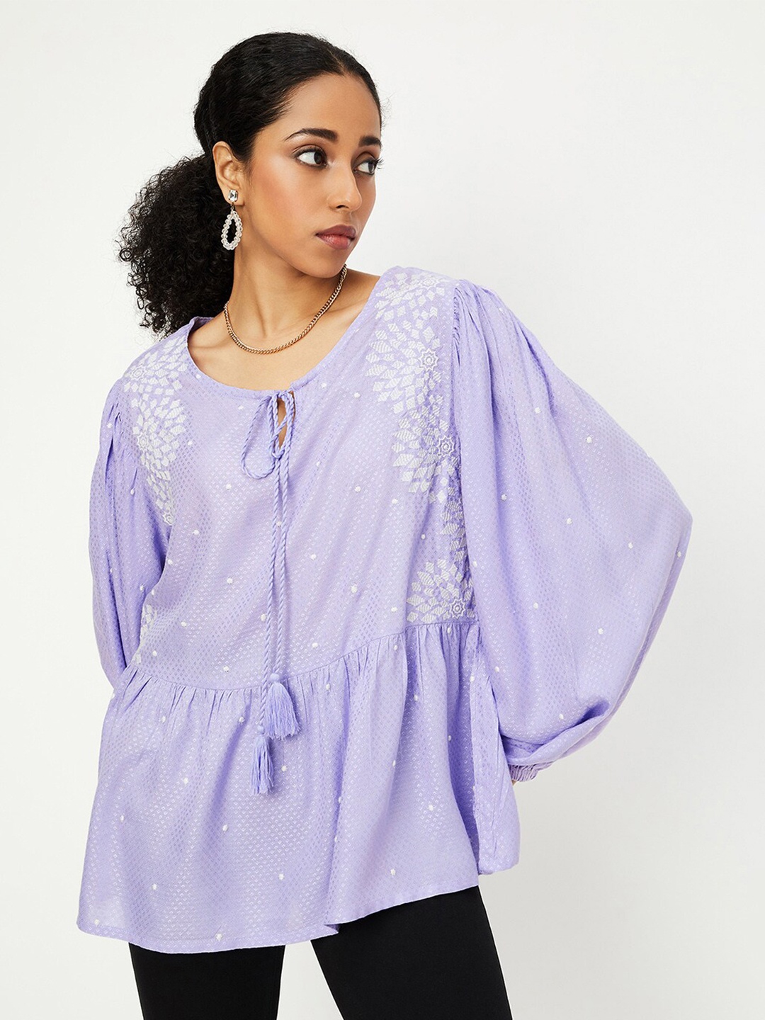 

max Floral Print Tie-Up Neck Cuffed Sleeves Top, Purple
