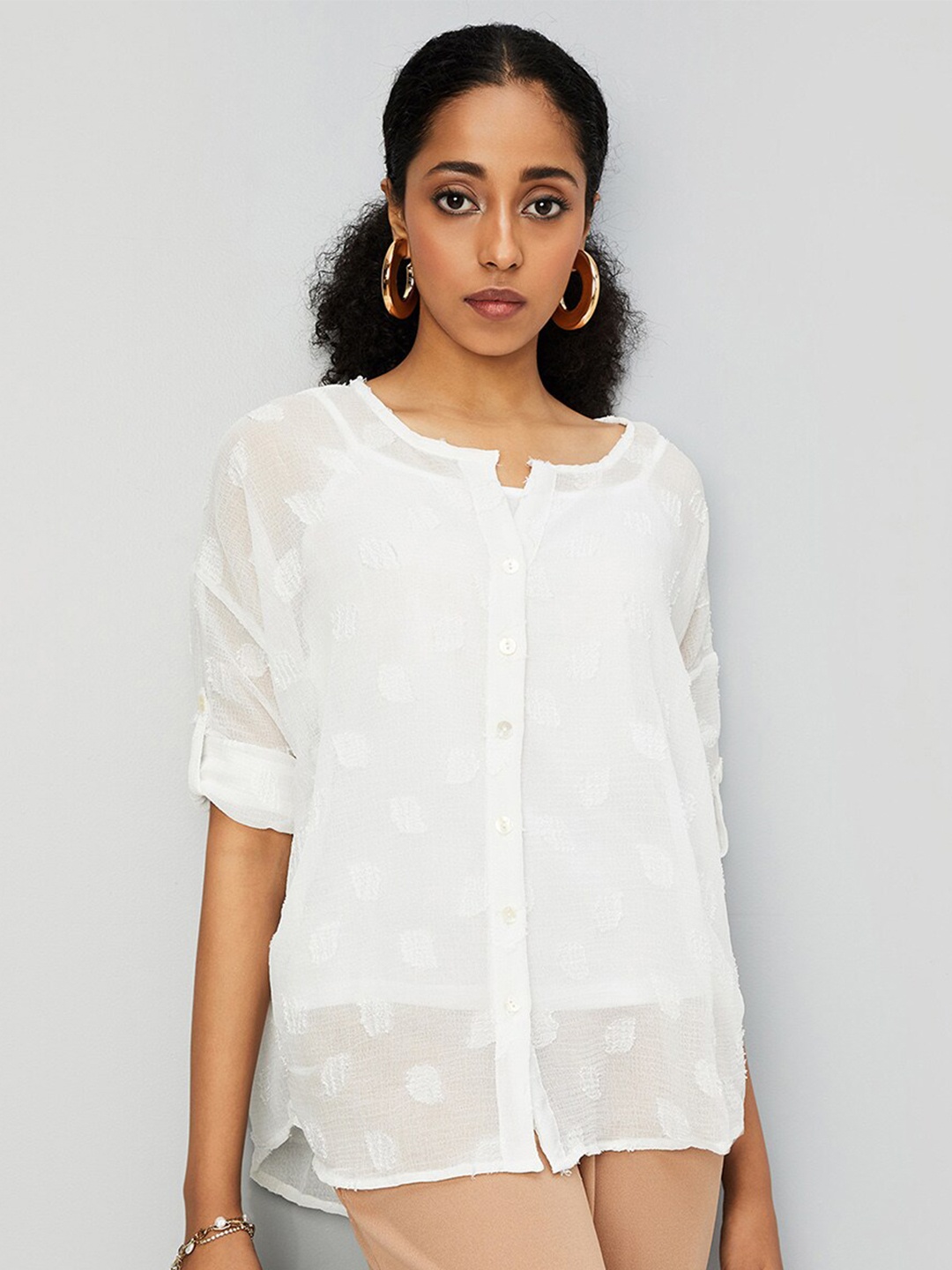 

max Self Design Roll-Up Sleeves Sheer Shirt Style Top, White