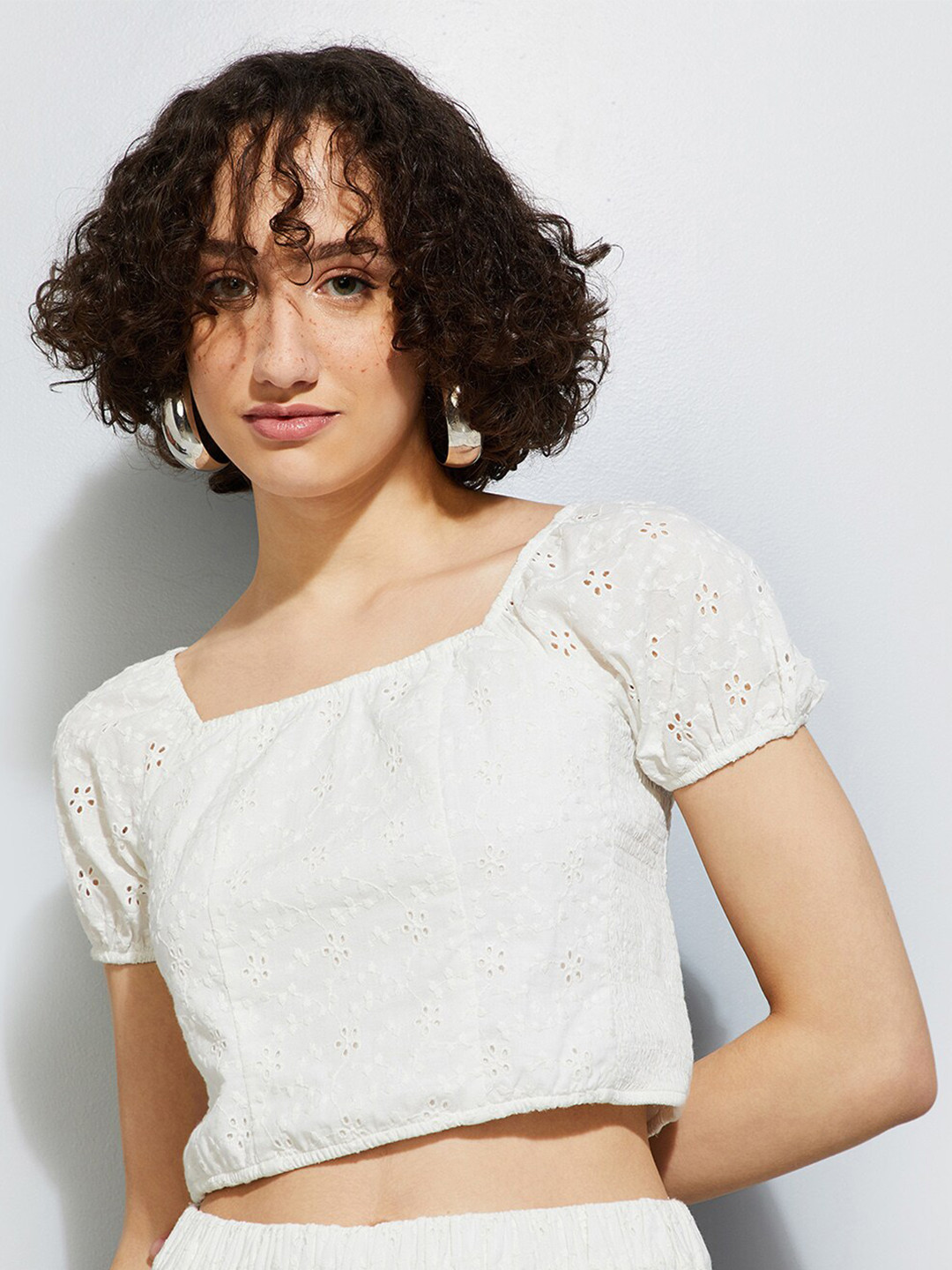 

max URB_N Self Designed Square Neck Cotton Crop Top, White