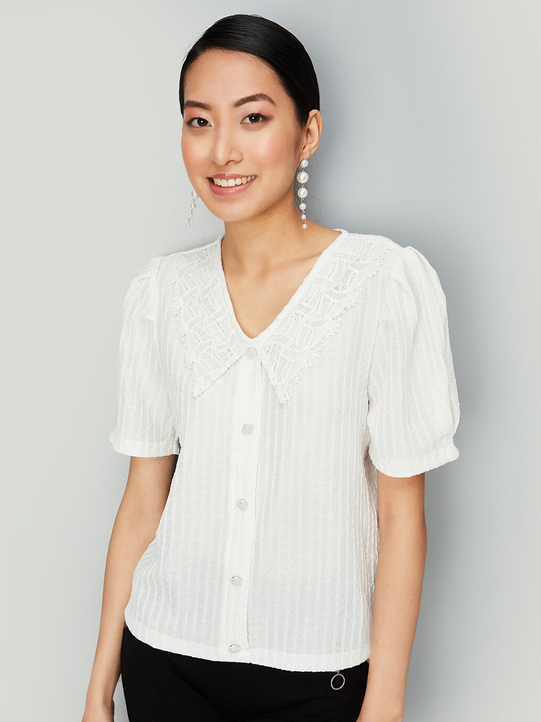 

max Self Design V-Neck Puff Sleeves Top, White