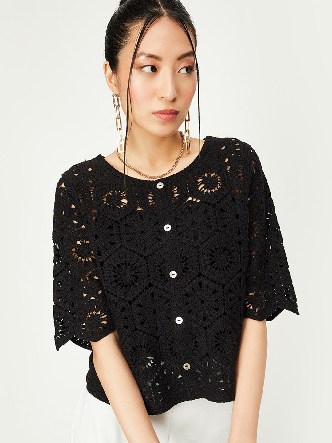 

max Self Design Cotton Top, Black