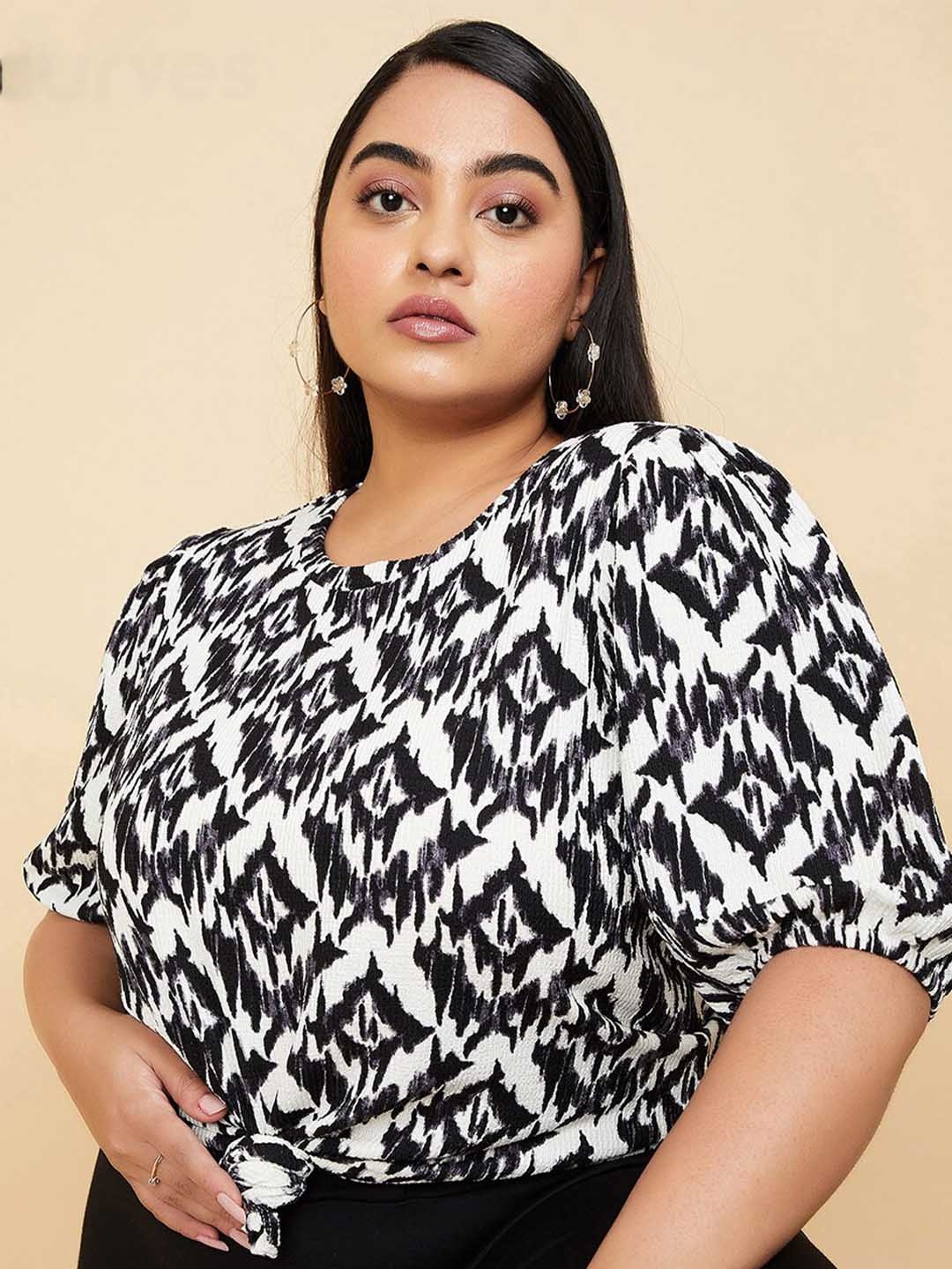 

max Plus Size Abstract Printed Puff Sleeves Top, Black