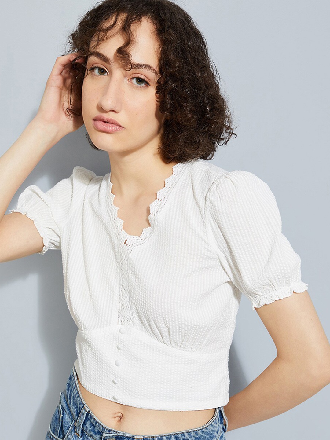 

max URB_N Self Design V-Neck Puff Sleeves Cotton Crop Top, White