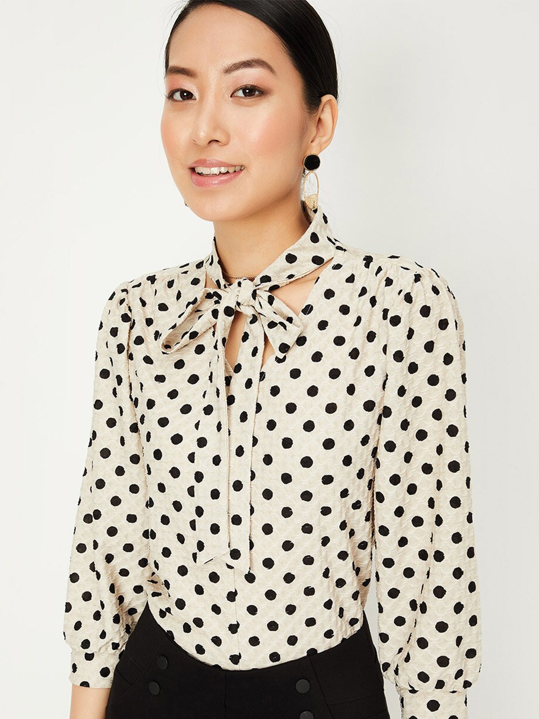 

max Polka Dot Printed Tie-Up Neck Shirt Style Top, Beige