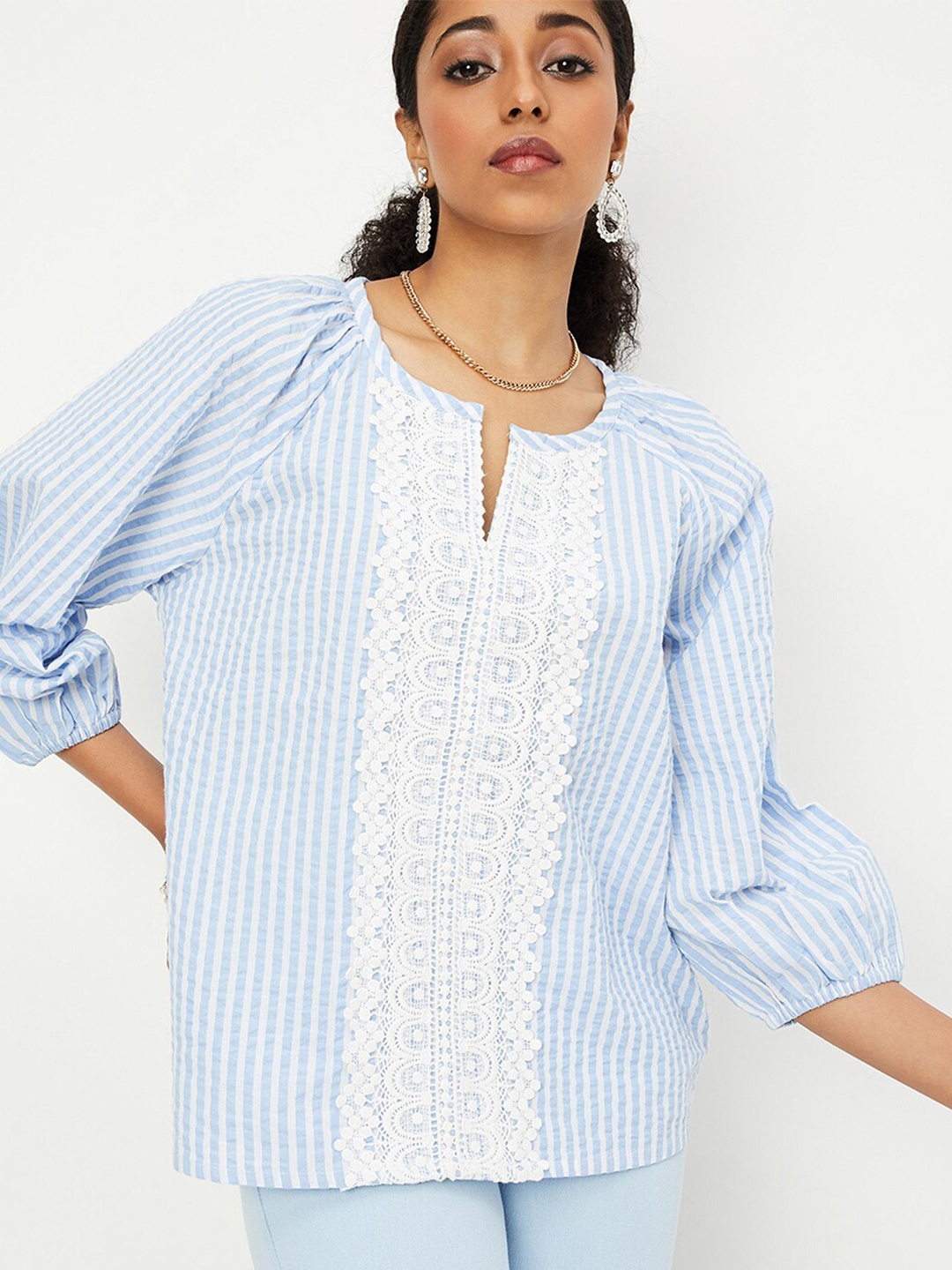

max Striped Tie-Up Neck Puff Sleeve Cotton Top, Blue