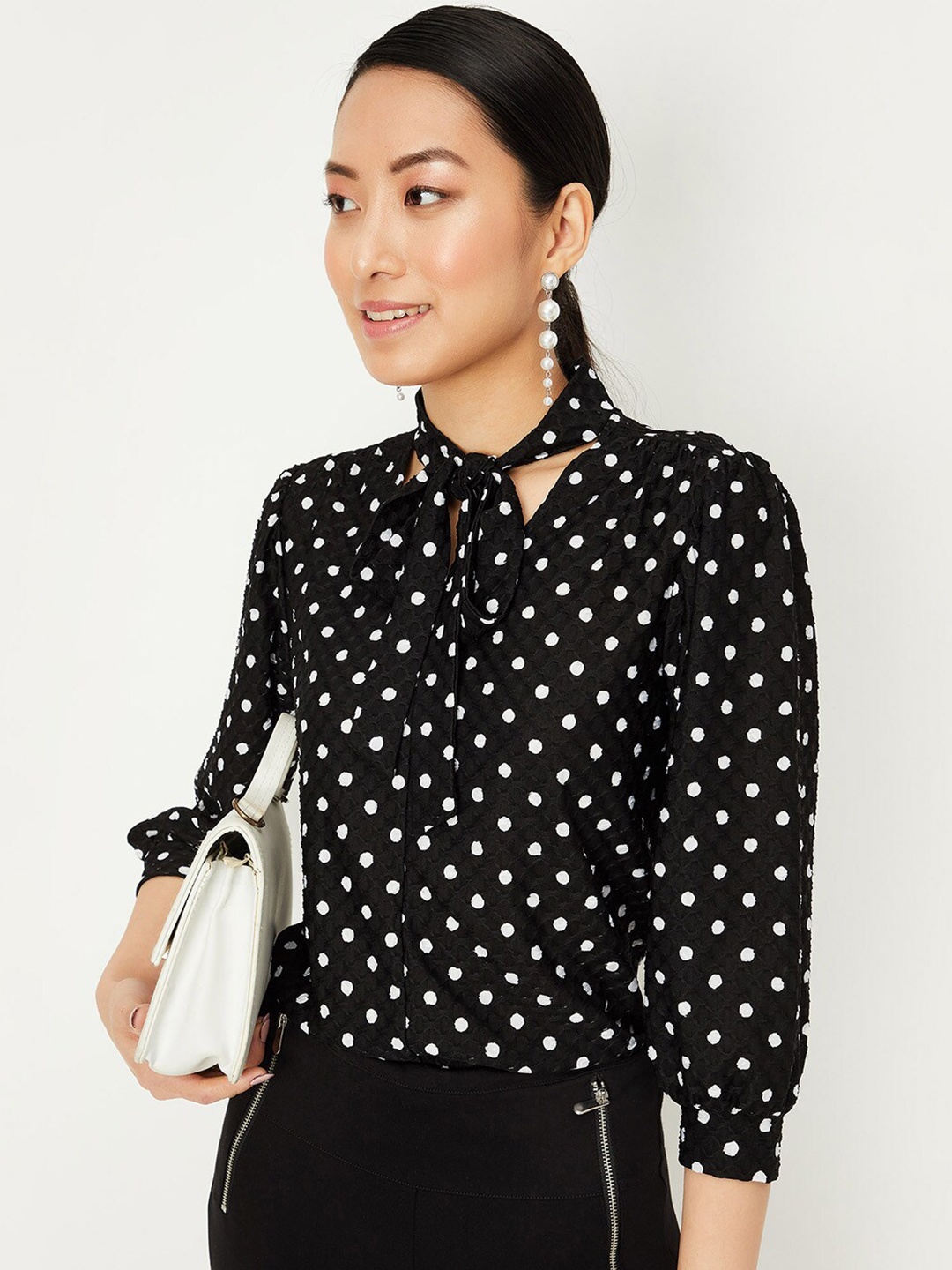 

max Polka Dot Printed Tie-Up Neck Top, Black