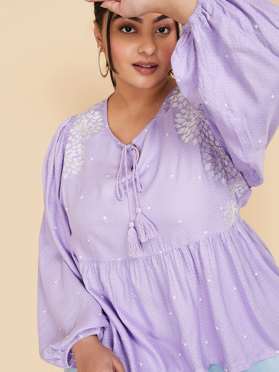 

max Self Design Tie-Up Neck A-Line Top, Purple