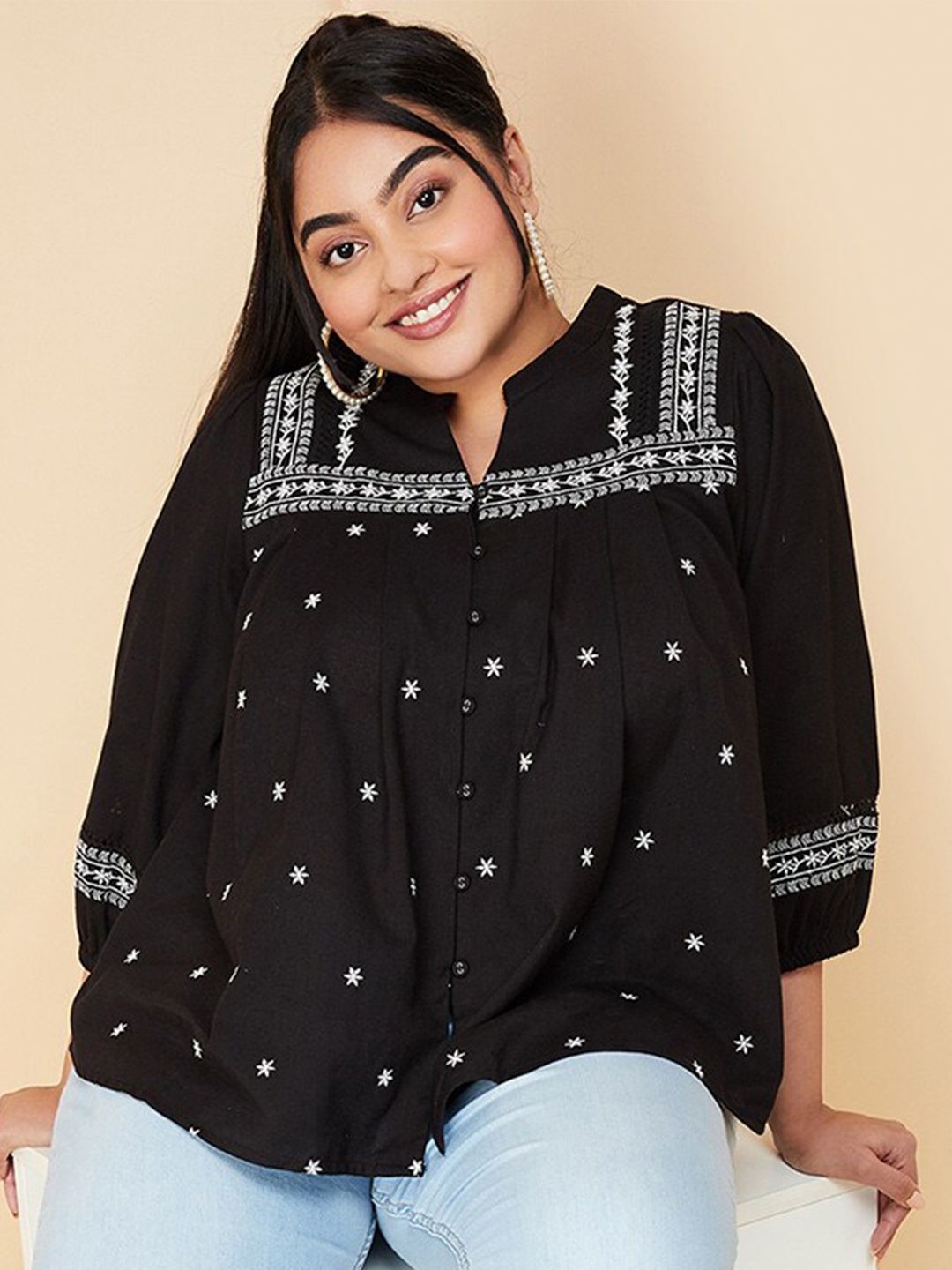 

max Plus Size Floral Embroidered Mandarin Collar Cotton Top, Black
